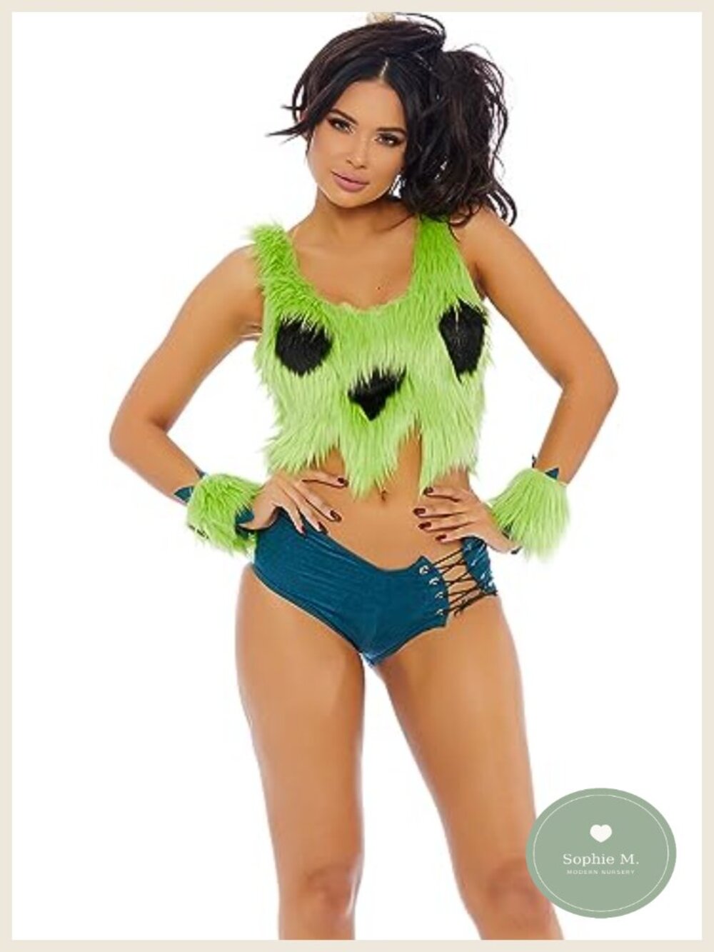 Faux Fur Cartoon Character Costume Set - Crop Top, Cuffs, Shorts, Headpiece